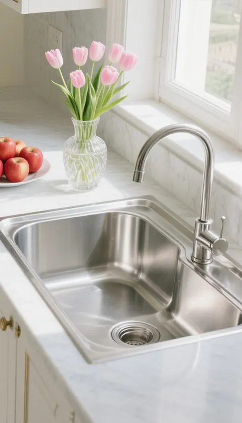 Minimalist black kitchen island with rectangular stainless steel sink, silver faucet, bright windows, white walls, and small plant decoration